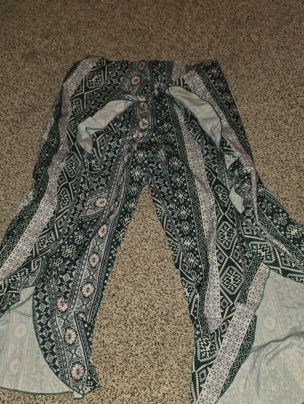 Green Patterned Boho Wide-Leg Pants Swim Coverup Summer Open Leg Xl